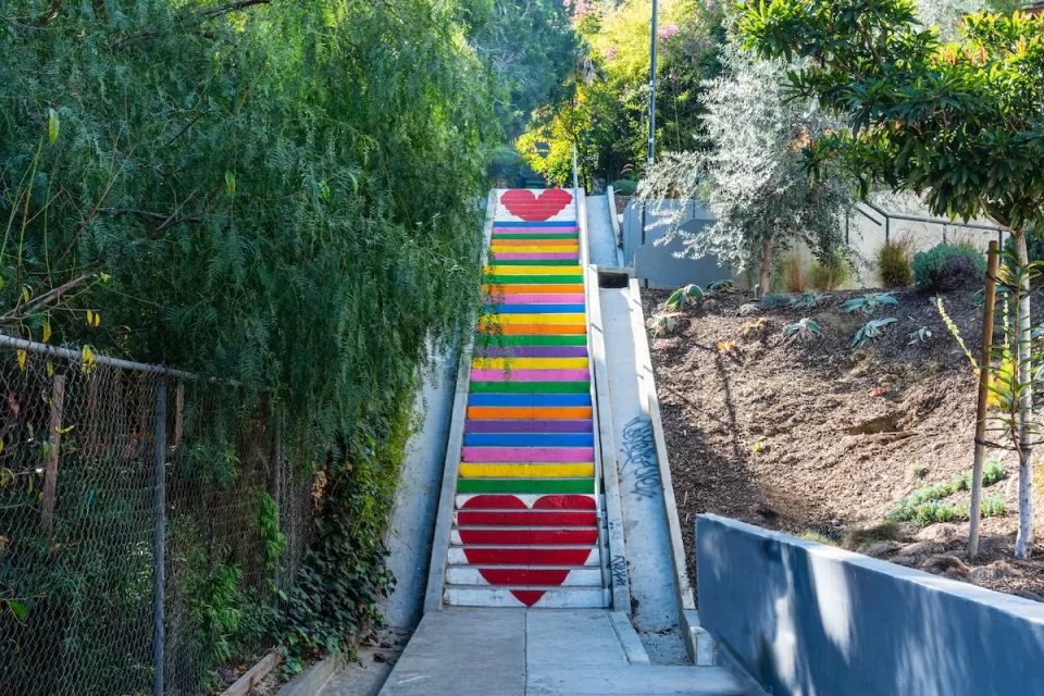 Public stairs in Los Angeles, California painted with rainbow and red hearts.